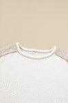 White Exposed Seam Textured Patch Buttoned Sleeve Top-Tops-MomFashion