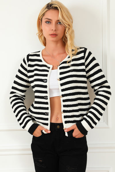 Black Contrast Striped Print Cardigan-Tops-MomFashion