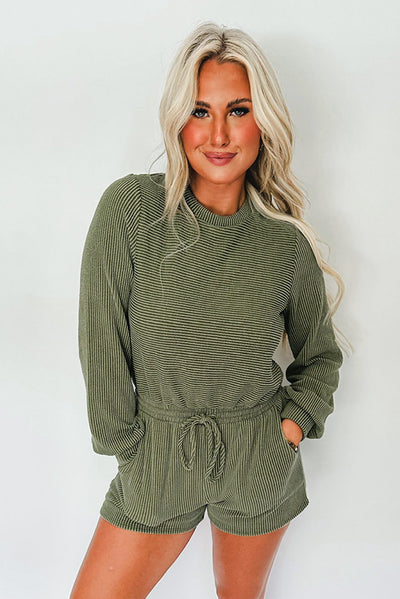 Jungle Green Corded Pullover Long Sleeve Drawstring Romper-Bottoms-MomFashion