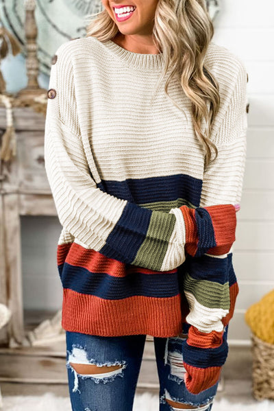 White Buttoned Shoulder Drop Shoulder Striped Sweater-Tops-MomFashion