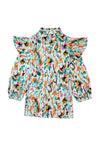 Multicolor Abstract Print 3/4 Puff Sleeve Ruffle Blouse-Tops-MomFashion