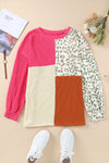 Rose Leopard Patchwork Color Block Ribbed Long Sleeve Top-Tops-MomFashion