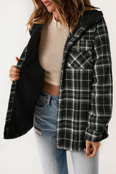 Black Plaid Pattern Sherpa Lined Hooded Shacket-Outerwear-MomFashion