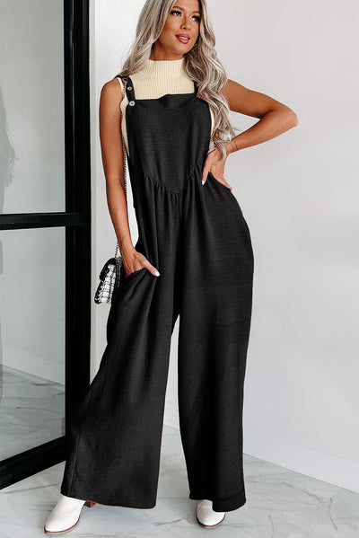 Black Textured Buttoned Straps Ruched Wide Leg Jumpsuit-Bottoms-MomFashion