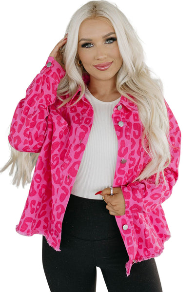 Pink Leopard Print Button Cuffs Raw Hem Jacket-Outerwear-MomFashion