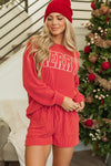 Racing Red Corded MERRY Graphic Long Sleeve Top and Shorts Set-Two Piece Sets/Short Sets-MomFashion