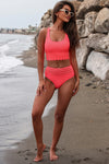 Pink Scalloped Criss Cross High Waist Bikini-Swimwear-MomFashion