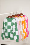 Orange Checkered Bishop Sleeve Sweater-Tops-MomFashion