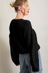 Black Cable Knit Sleeve Drop Shoulder Sweater-Tops-MomFashion