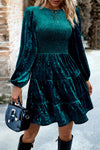 Green Velvet Smocked Puff Sleeve Ruffle Mini Dress-Dresses-MomFashion