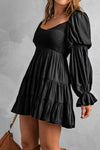 Black Boho Solid Shirred Ruffle Mini Dress-Dresses-MomFashion