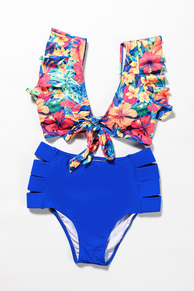 Floral Print Front Tie High Waist Bikini Swimsuit with Ruffles-Swimwear-MomFashion