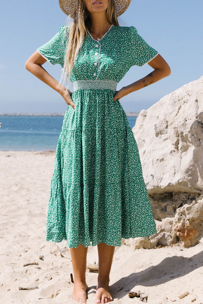 Green Floral Print Lace Splicing Flared High Waist Midi Dress-Dresses-MomFashion