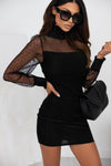 Black Dotted Mesh Striped Frilled Neck Bubble Sleeve Dress-Dresses-MomFashion