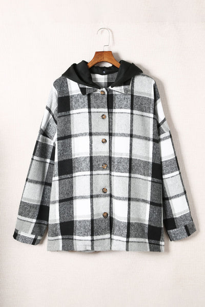 Gray Hooded Plaid Button Front Shacket-Outerwear-MomFashion