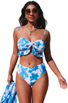 Sky Blue Tropical Ruffle Bikini High Waisted Swimsuit with Sarong-Swimwear-MomFashion