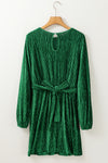 Green Tie Waist Crinkle Velvet Dress-Dresses-MomFashion