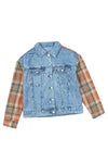 Sky Blue Medium Wash Plaid Sleeves Denim Jacket-Outerwear-MomFashion