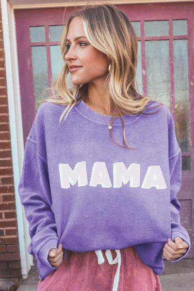 Purple MAMA Ribbed Crew Neck Pullover Sweatshirt-Tops-MomFashion