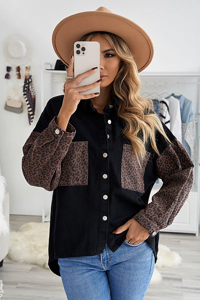 Black Contrast Leopard Denim Jacket-Outerwear-MomFashion