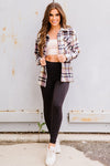 Pink Geometric Plaid Print Pocketed Shacket-Outerwear-MomFashion