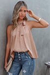 Pink Sleeveless Tie Mock Neck Leopard Tank Top-Tops-MomFashion