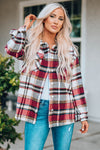 Fiery Red Geometric Plaid Print Pocketed Shacket-Outerwear-MomFashion