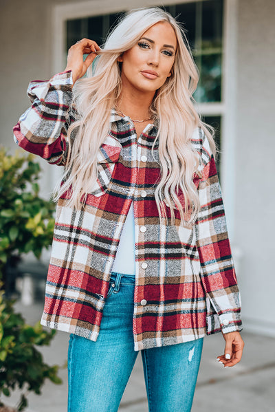 Fiery Red Geometric Plaid Print Pocketed Shacket-Outerwear-MomFashion