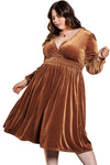 Camel Surplice V Neck Balloon Sleeve Velvet Dress-Plus Size-MomFashion