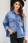 Sky Blue Flap Pockets Raw Hem Denim Shacket-Outerwear-MomFashion