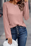 Pink Ribbed Round Neck Knit Long Sleeve Top-Tops-MomFashion