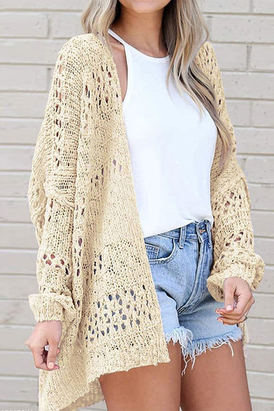 Apricot Casual Hollowed Knit Dolman Sleeve Cardigan-Tops-MomFashion