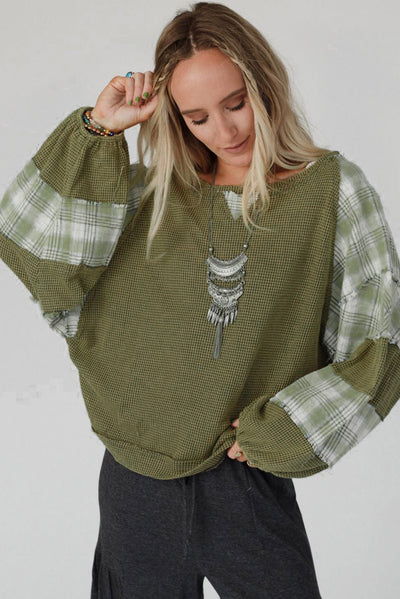 Green Plaid Patch Waffle Knit Exposed Seam Bubble Sleeve Top-Tops-MomFashion