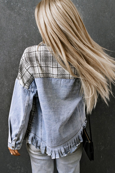 Sky Blue Plaid Patchwork Fringed Flap Pockets Denim Jacket-Outerwear-MomFashion