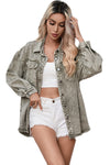 Sage Green Acid Wash Flap Pocket Raw Hem Tunic Denim Jacket-Outerwear-MomFashion