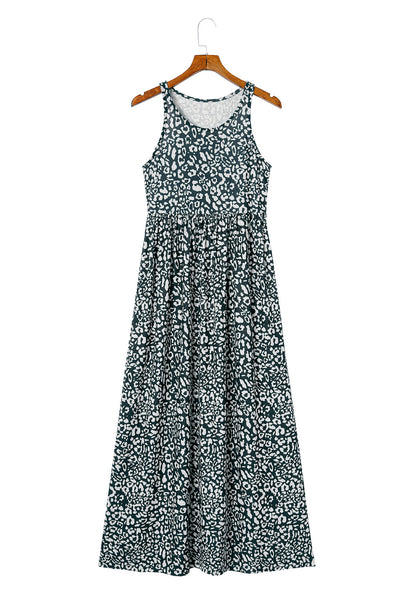 Gray Leopard Print Pocketed Sleeveless Maxi Dress-Dresses-MomFashion