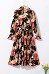 Multicolor Floral Print Waist Tie Pleated Midi Shirt Dress-Dresses-MomFashion