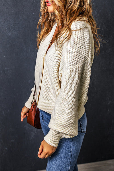 Beige Plain Knitted Buttoned V Neck Cardigan-Tops-MomFashion