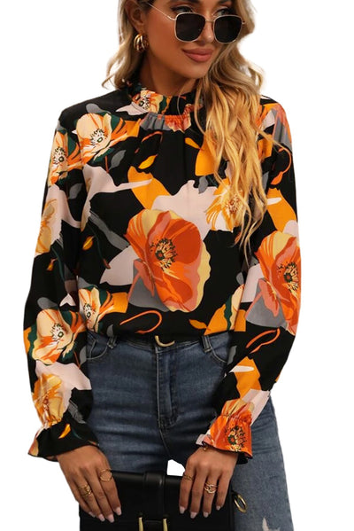 Black Floral Print Mock Neck Blouse-Tops-MomFashion