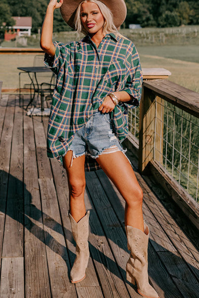 Green Oversized Plaid Half Sleeve Tunic Shirt-Tops-MomFashion