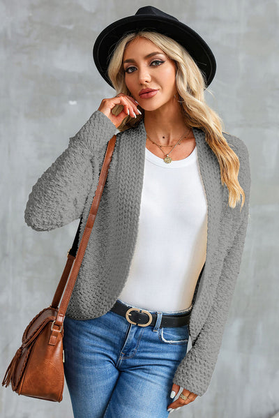 Gray Popcorn Knit Open Front Cardigan-Tops-MomFashion