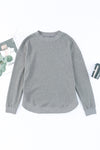 Gray Crew Neck Ribbed Trim Waffle Knit Top-Tops-MomFashion