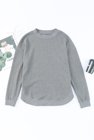 Gray Crew Neck Ribbed Trim Waffle Knit Top-Tops-MomFashion