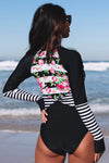 Floral Striped Patchwork Rashguard One-piece Swimsuit-Swimwear-MomFashion