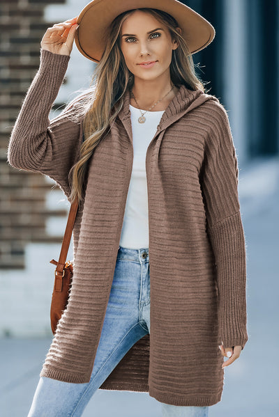 Brown Horizontal Rib Knitted Open Front Hooded Cardigan-Tops-MomFashion