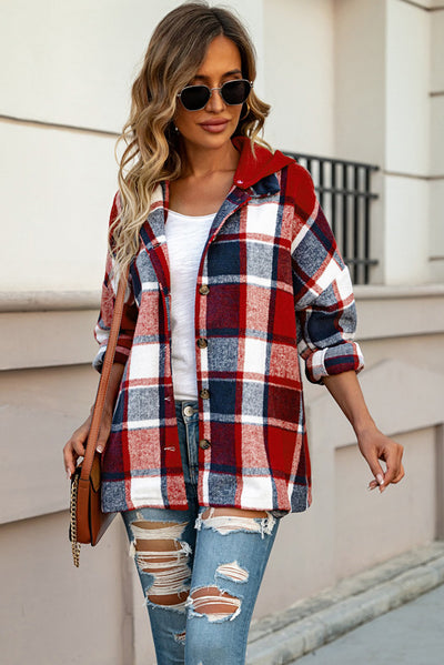 Fiery Red Hooded Plaid Button Front Shacket-Outerwear-MomFashion