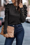 Black Buttoned Puff Long Sleeve Sheath Top-Tops-MomFashion