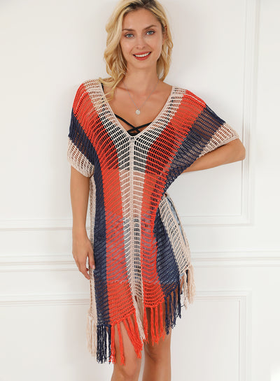 Multicolor Striped Tassel Crochet V Neck Beach Cover Up-Swimwear-MomFashion