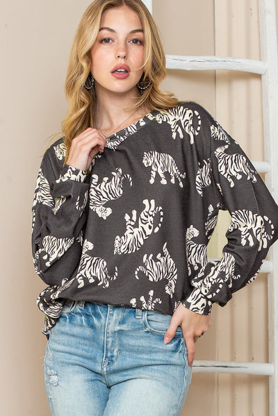 Lively Tiger Print Casual Sweatshirt-Tops-MomFashion