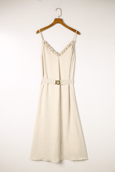 Apricot V Neck Sleeveless Maxi Dress with Elastic Belt-Dresses-MomFashion